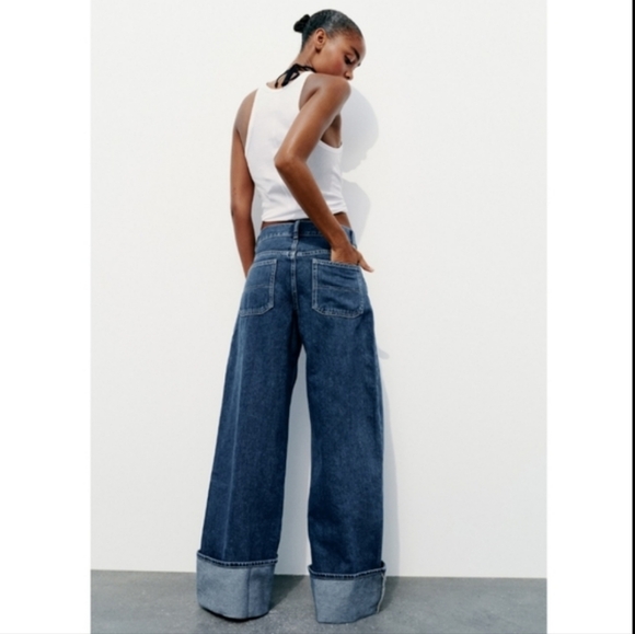Zara WIDE LEG HIGH WAIST TURNED UP JEANS Blue - Picture 14 of 16